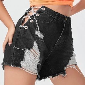 Chain lace up ripped denim shorts